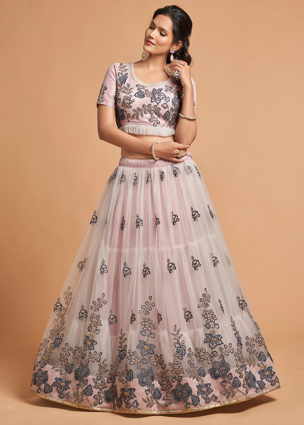 Pinkish Grey Designer Soft Net Lehenga Choli with Thread, Dori, Zari & Sequins work