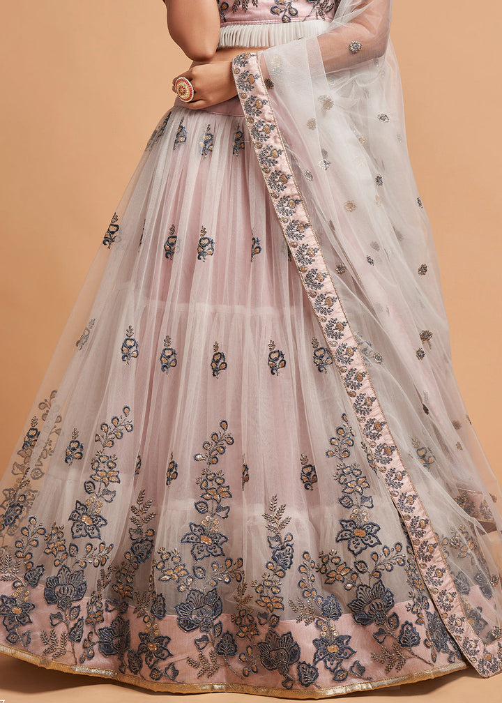 Pinkish Grey Designer Soft Net Lehenga Choli with Thread, Dori, Zari & Sequins work