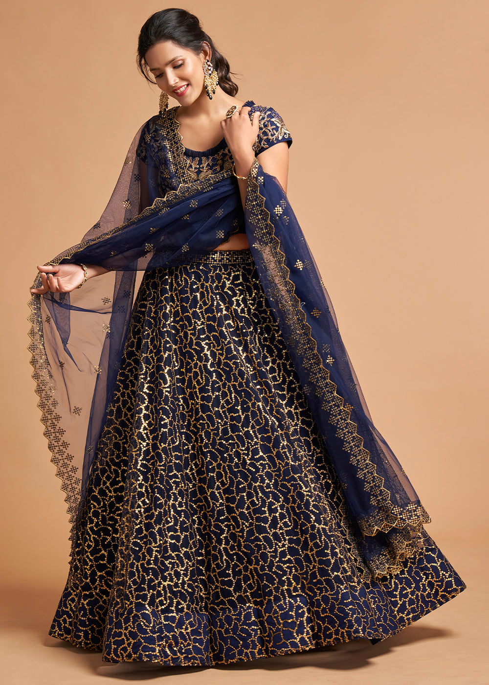 Navy Blue Designer Soft Net Lehenga Choli with Zari, Dori & Thread Embroidery work