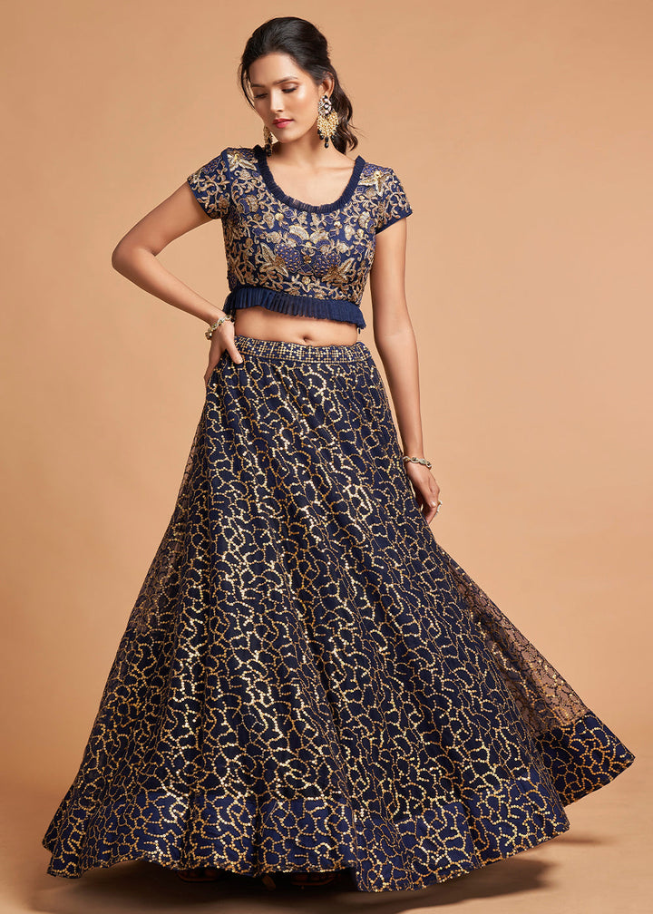 Navy Blue Designer Soft Net Lehenga Choli with Zari, Dori & Thread Embroidery work