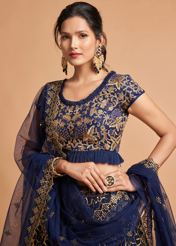 Navy Blue Designer Soft Net Lehenga Choli with Zari, Dori & Thread Embroidery work