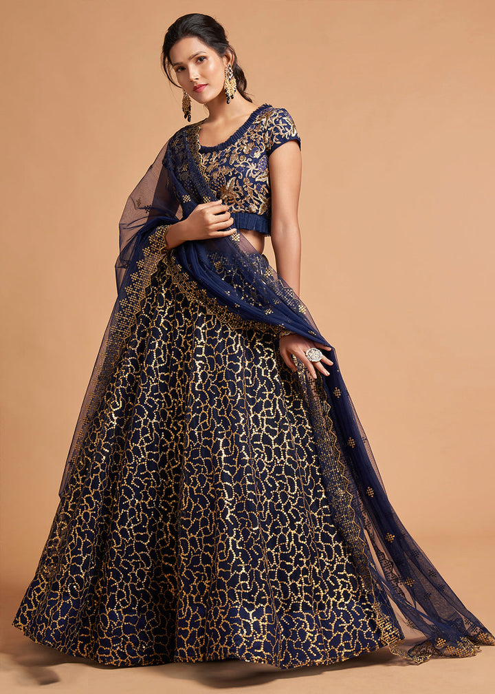 Navy Blue Designer Soft Net Lehenga Choli with Zari, Dori & Thread Embroidery work