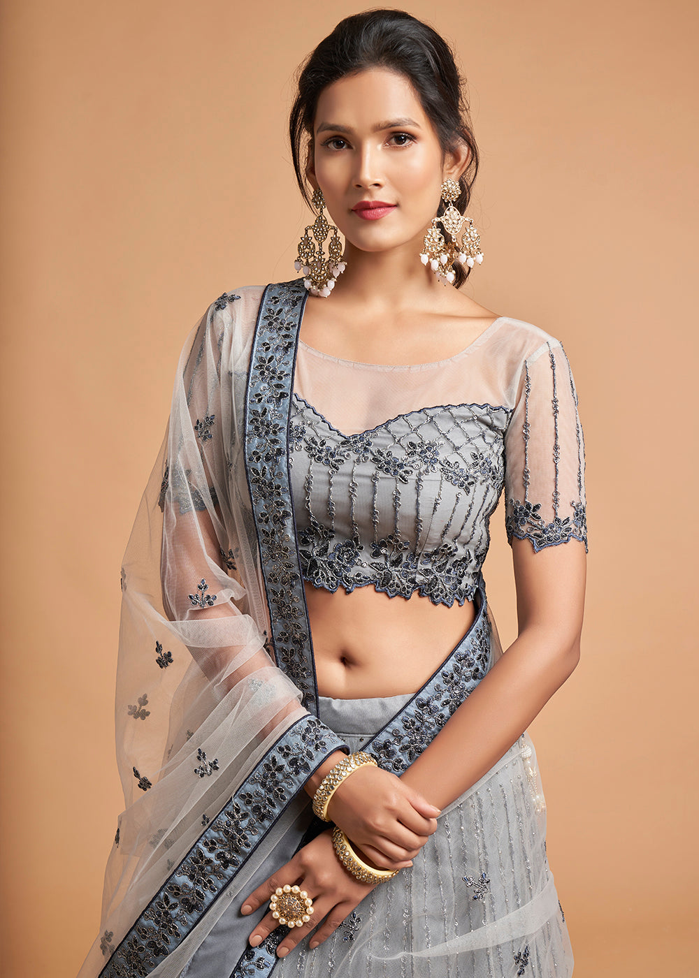 Light Grey Designer Soft Net Lehenga Choli with Zari, Dori & Thread Embroidery work