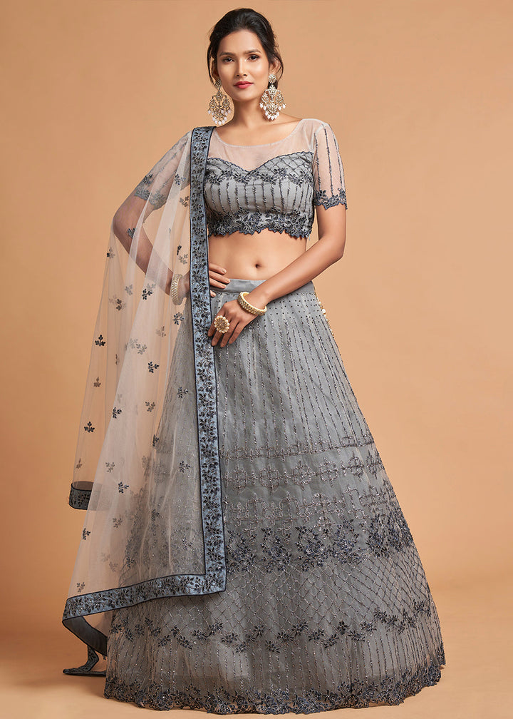 Light Grey Designer Soft Net Lehenga Choli with Zari, Dori & Thread Embroidery work