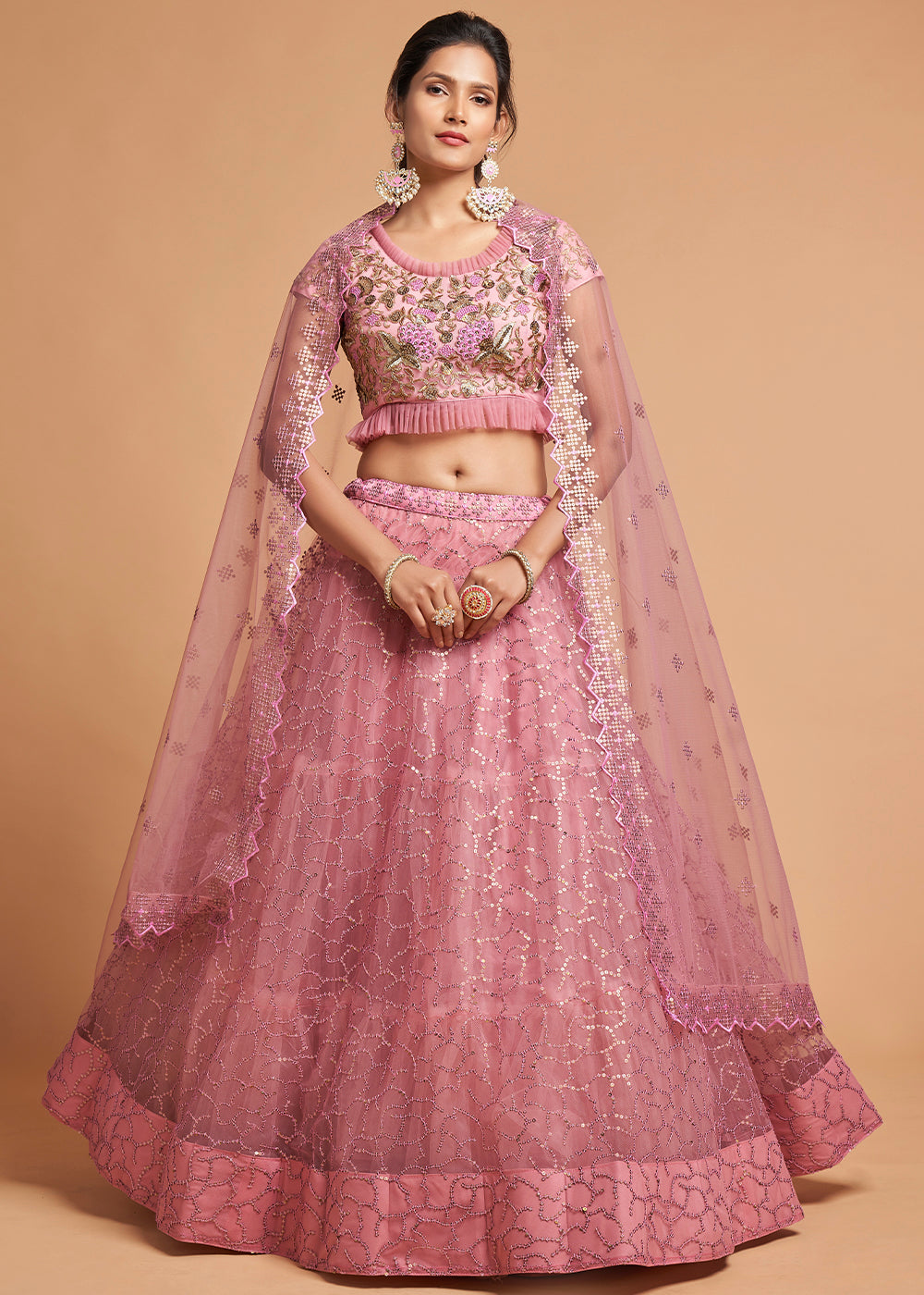 Flamingo Pink Designer Soft Net Lehenga Choli with Zari, Dori & Thread Embroidery work