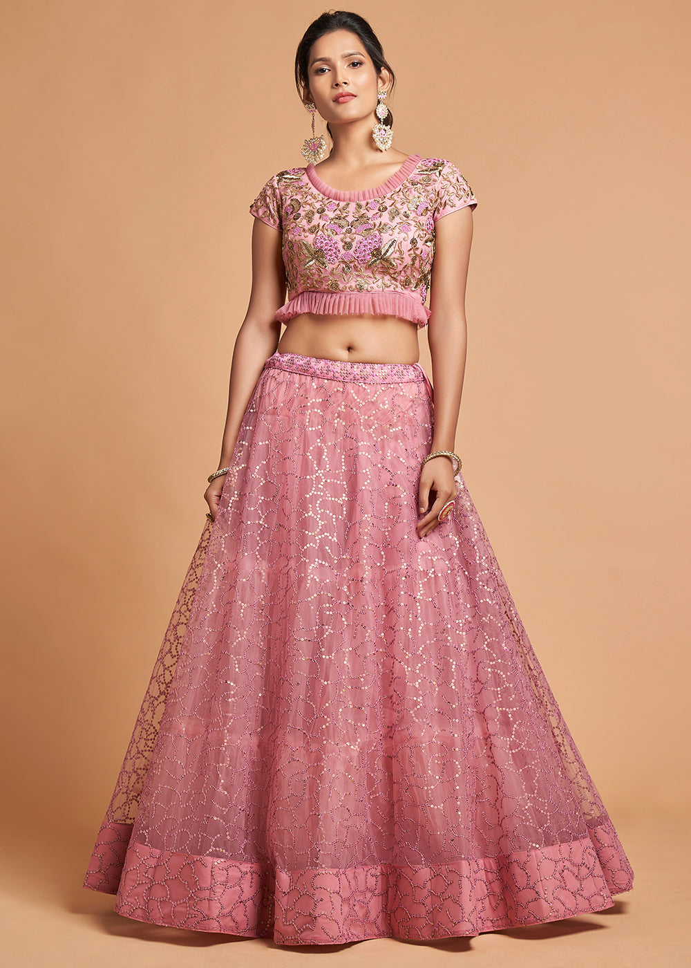 Flamingo Pink Designer Soft Net Lehenga Choli with Zari, Dori & Thread Embroidery work