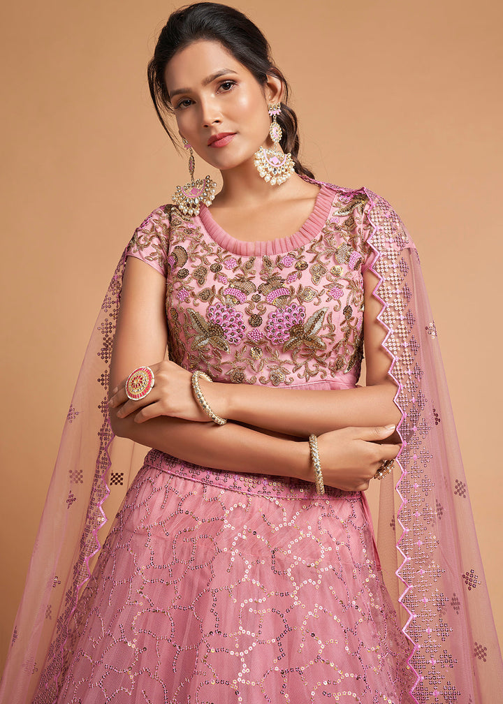 Flamingo Pink Designer Soft Net Lehenga Choli with Zari, Dori & Thread Embroidery work