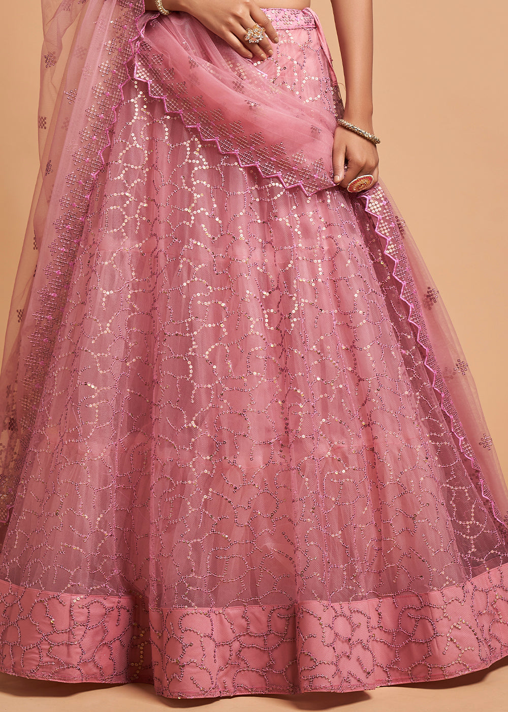 Flamingo Pink Designer Soft Net Lehenga Choli with Zari, Dori & Thread Embroidery work