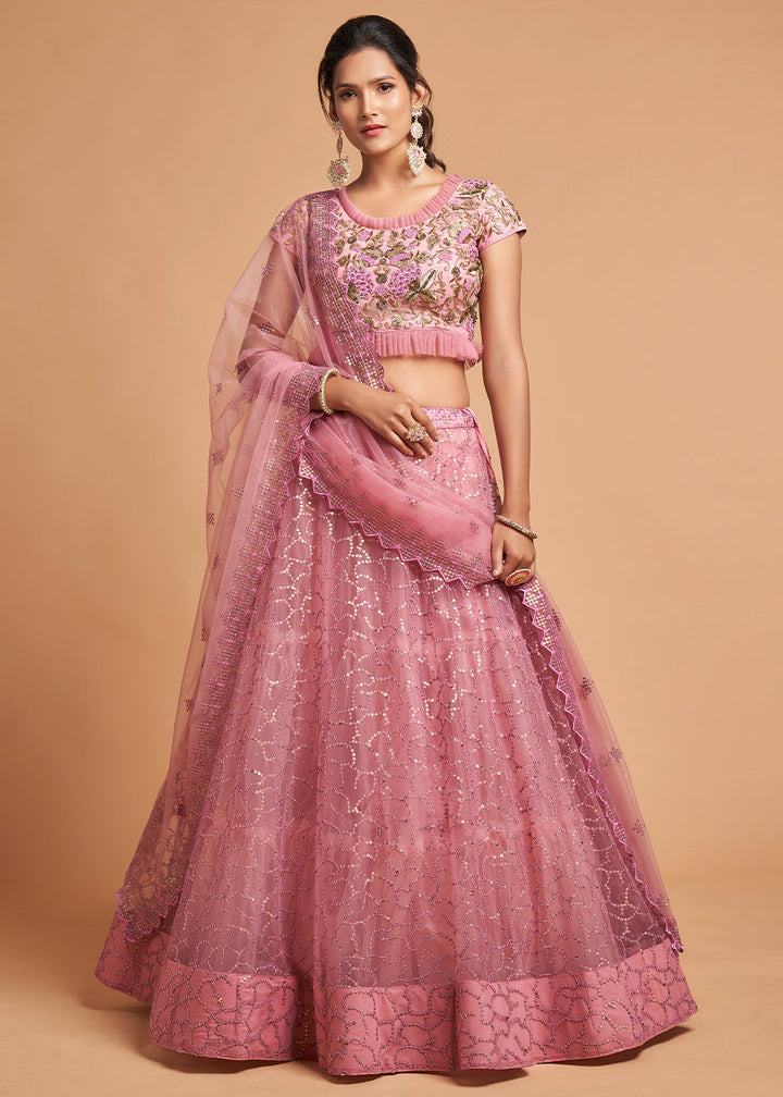 Flamingo Pink Designer Soft Net Lehenga Choli with Zari, Dori & Thread Embroidery work