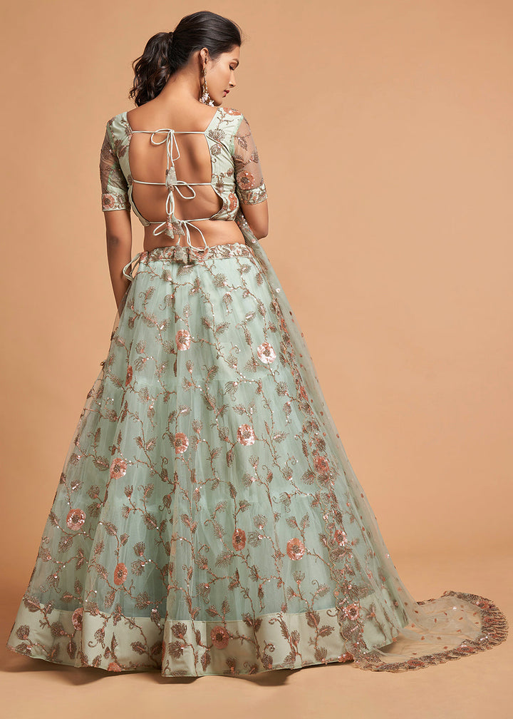 Sky Blue Designer Soft Net Lehenga Choli with Zari, Dori & Multiple Sequins Embroidery work