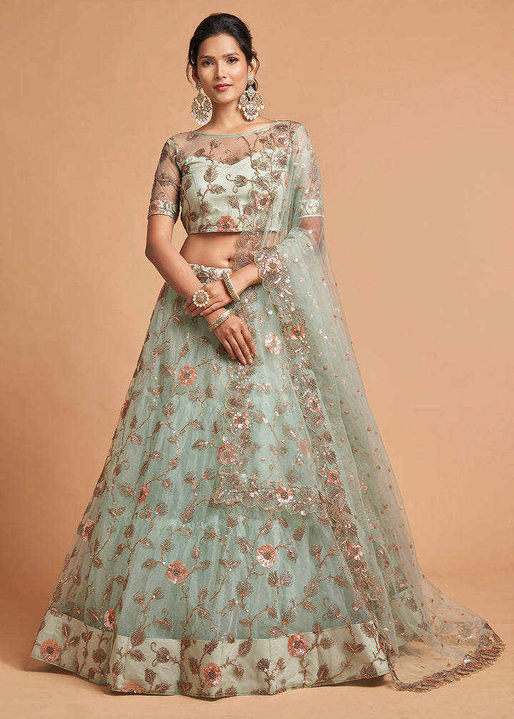 Sky Blue Designer Soft Net Lehenga Choli with Zari, Dori & Multiple Sequins Embroidery work