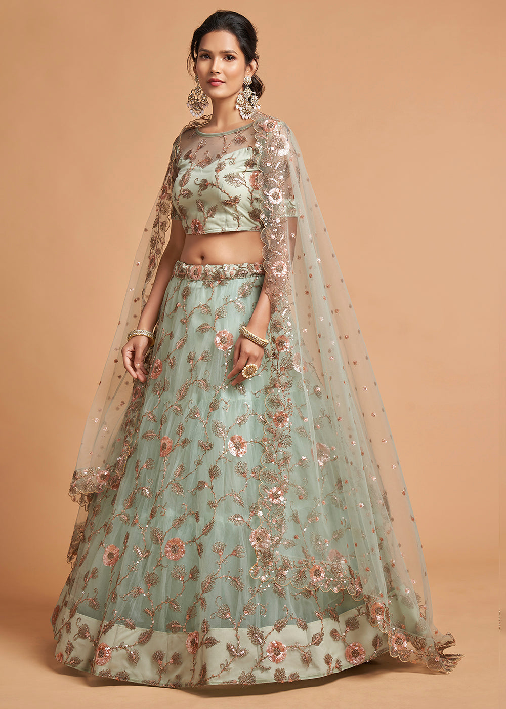 Sky Blue Designer Soft Net Lehenga Choli with Zari, Dori & Multiple Sequins Embroidery work