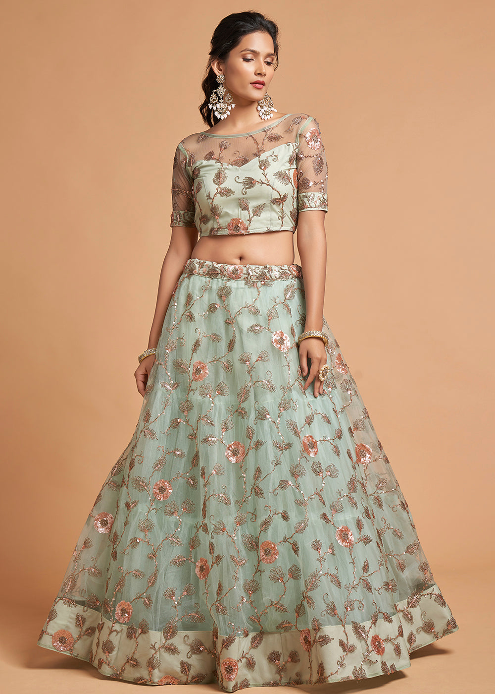 Sky Blue Designer Soft Net Lehenga Choli with Zari, Dori & Multiple Sequins Embroidery work