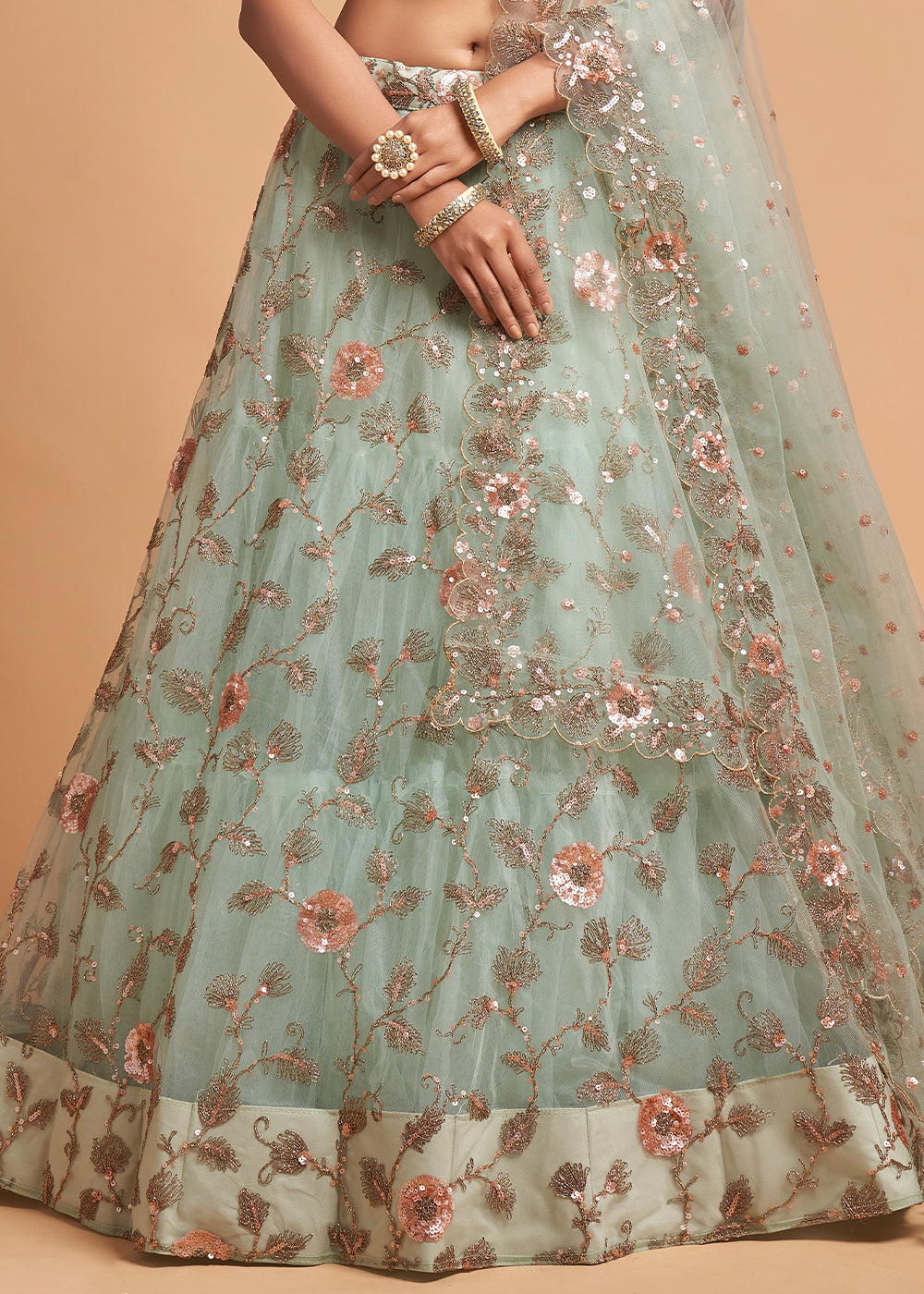 Sky Blue Designer Soft Net Lehenga Choli with Zari, Dori & Multiple Sequins Embroidery work