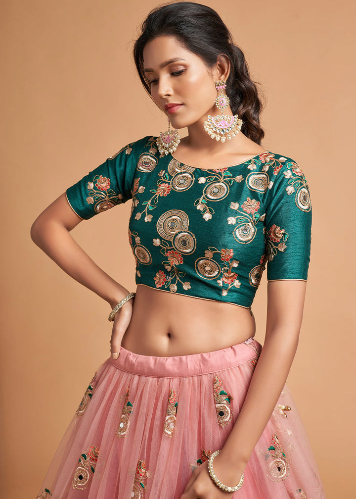 Grapefruit Pink Designer Soft Net Lehenga Choli with Zari, Dori, Thread & Sequins Embroidery work