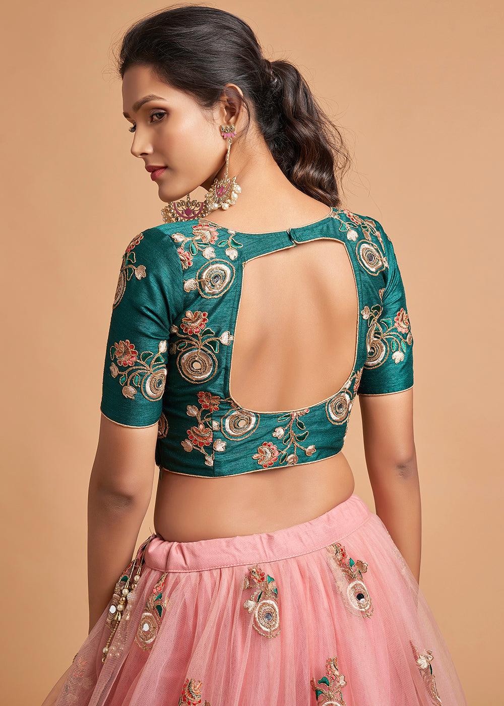 Grapefruit Pink Designer Soft Net Lehenga Choli with Zari, Dori, Thread & Sequins Embroidery work