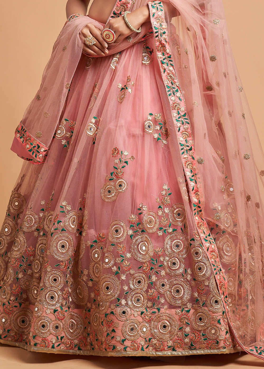 Grapefruit Pink Designer Soft Net Lehenga Choli with Zari, Dori, Thread & Sequins Embroidery work