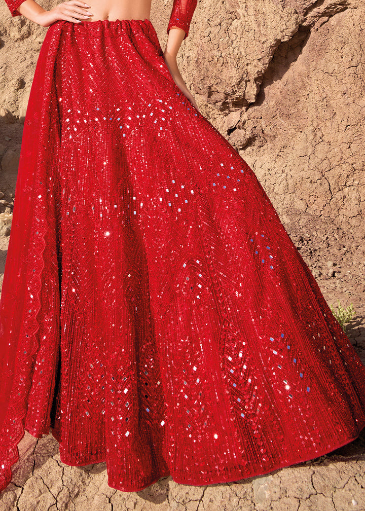 Crimson Red Net lehenga Choli with Mirror, Zarkan & Cutwork