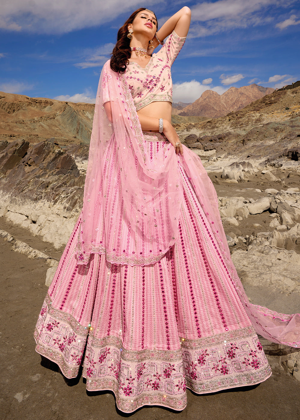 Rose Pink Georgette lehenga Choli with Mirror,Zarkan & Cutwork