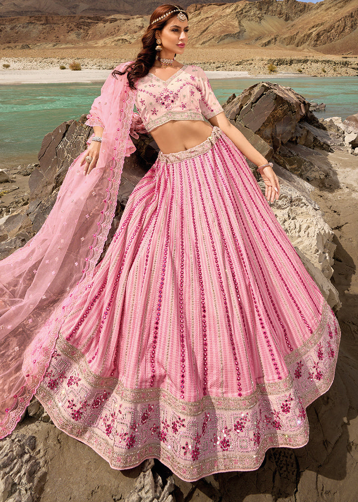 Rose Pink Georgette lehenga Choli with Mirror,Zarkan & Cutwork