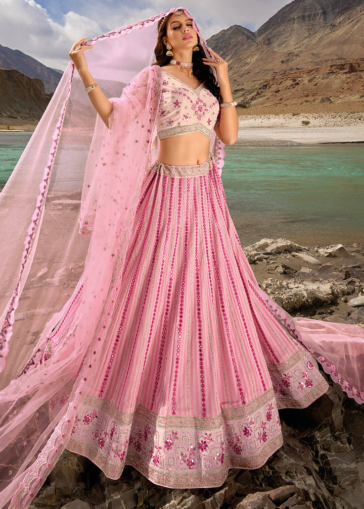 Rose Pink Georgette lehenga Choli with Mirror,Zarkan & Cutwork