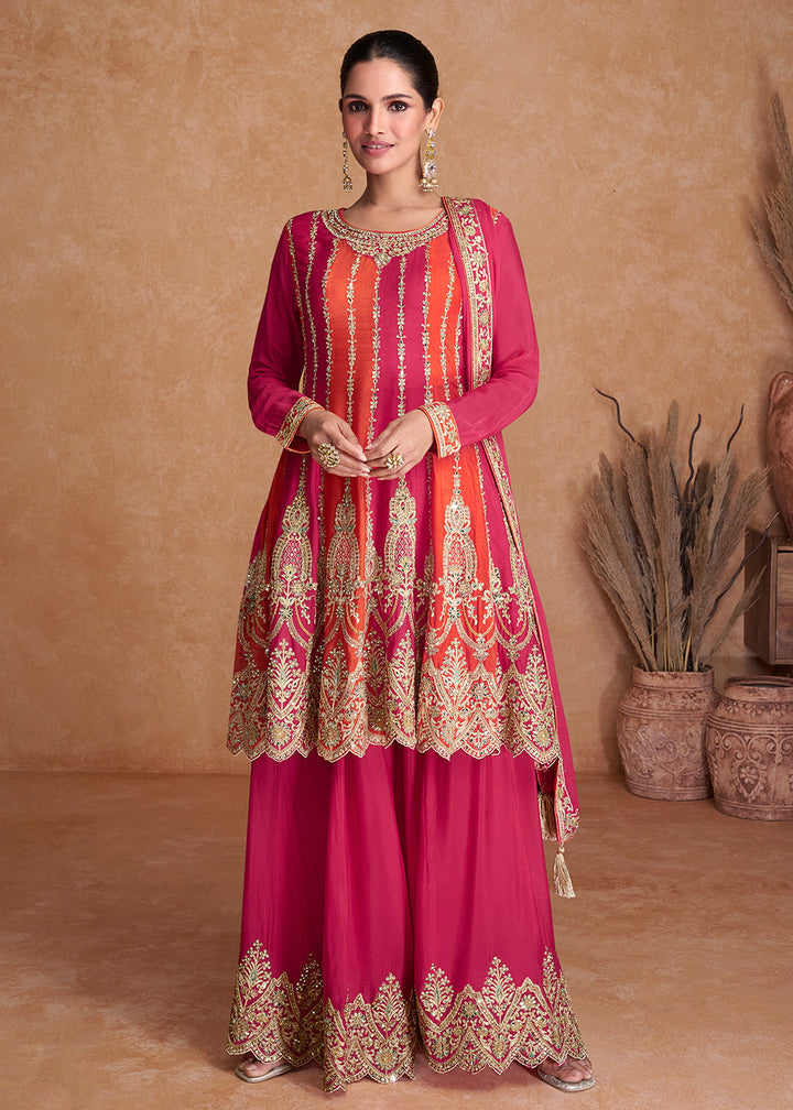 Bright Pink Designer Chinnon Plazzo Suit with Sequins work: Top Pick