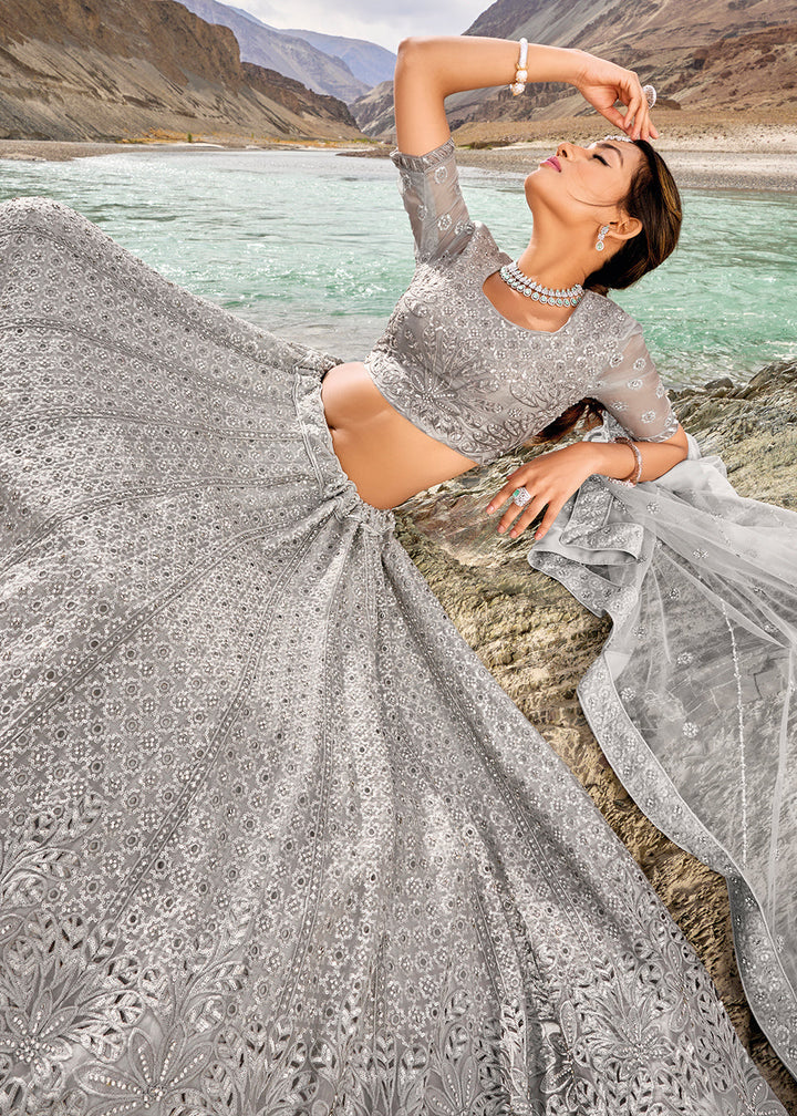 Misty Grey Organza lehenga Choli with Mirror,Zarkan & Cutwork