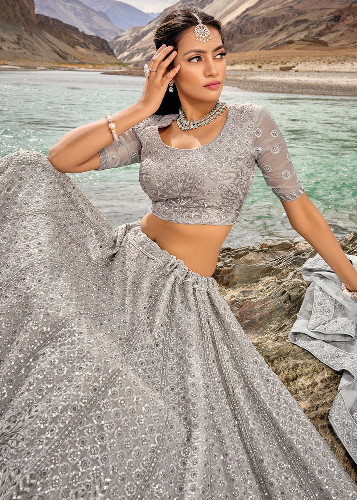 Misty Grey Organza lehenga Choli with Mirror,Zarkan & Cutwork