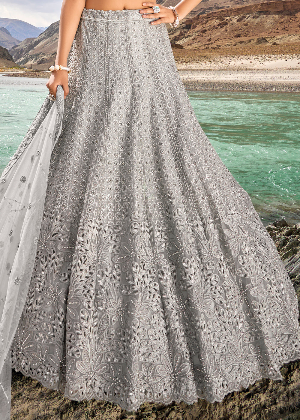 Misty Grey Organza lehenga Choli with Mirror,Zarkan & Cutwork