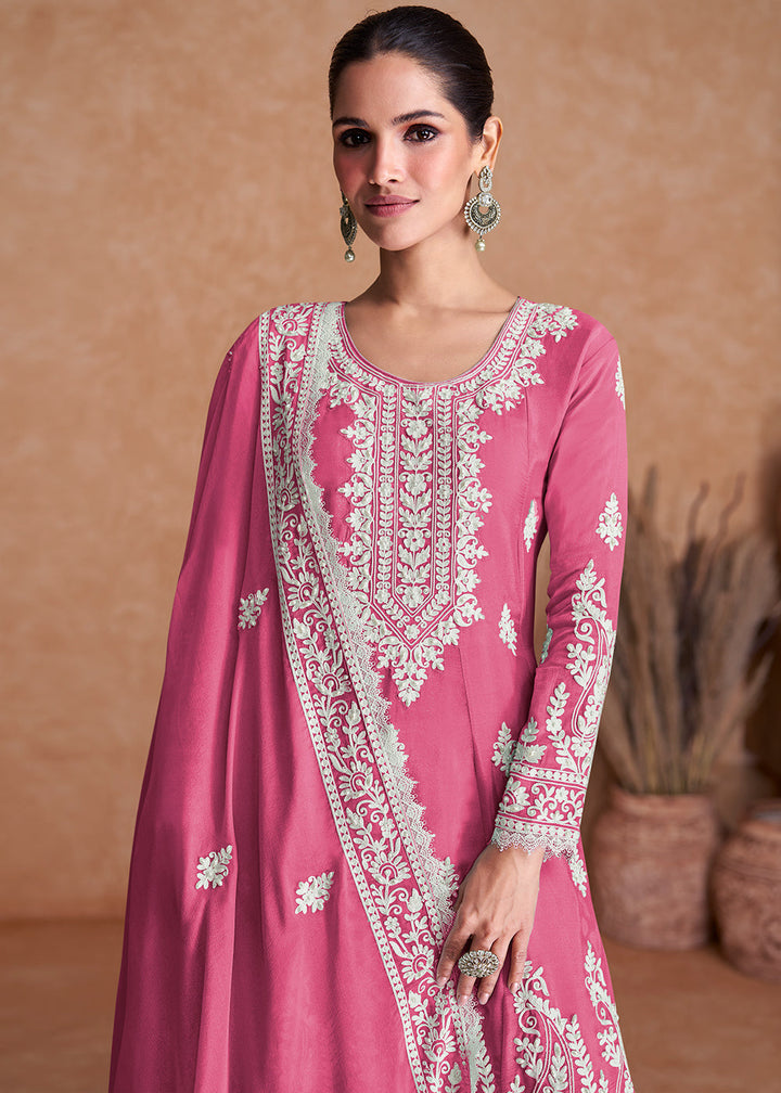 Neon Pink Silk Plazzo Suit with Embroidery work