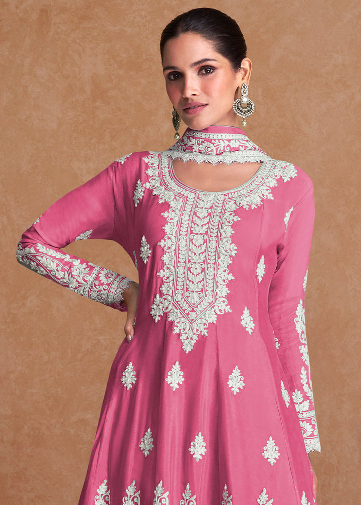 Neon Pink Silk Plazzo Suit with Embroidery work