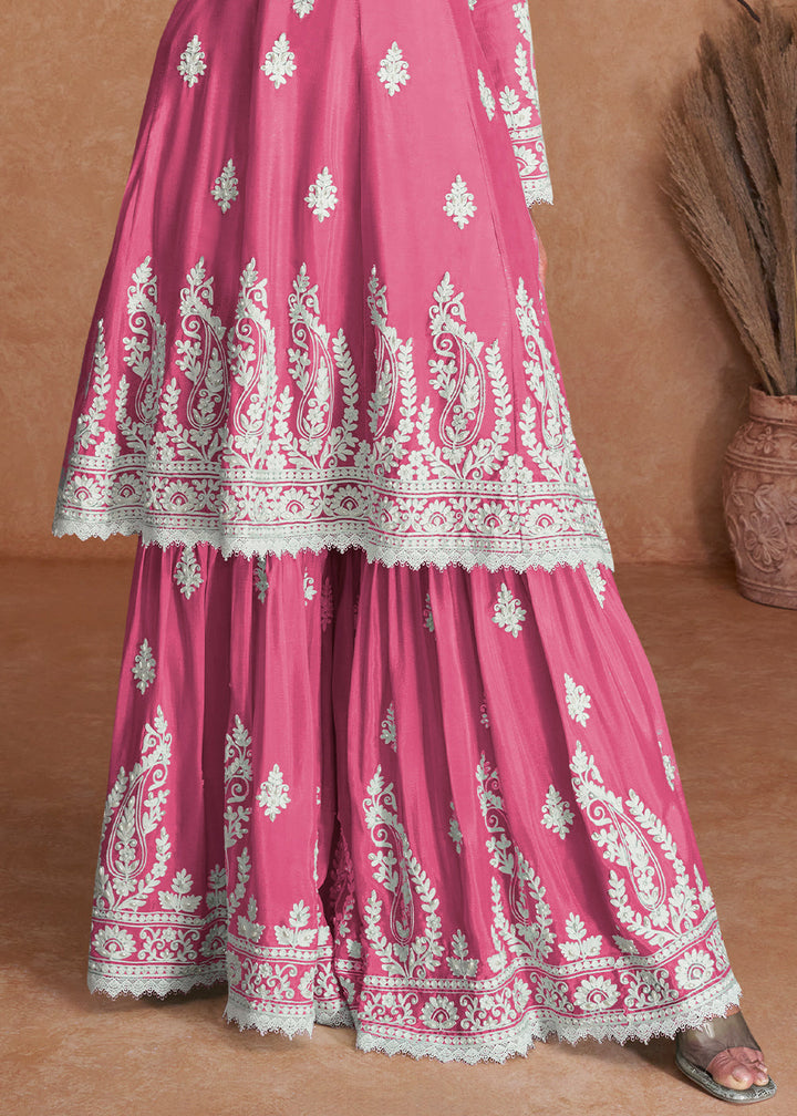 Neon Pink Silk Plazzo Suit with Embroidery work