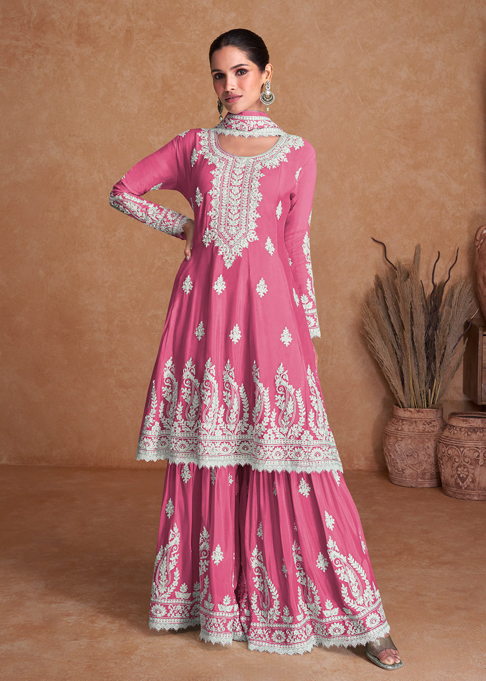 Neon Pink Silk Plazzo Suit with Embroidery work