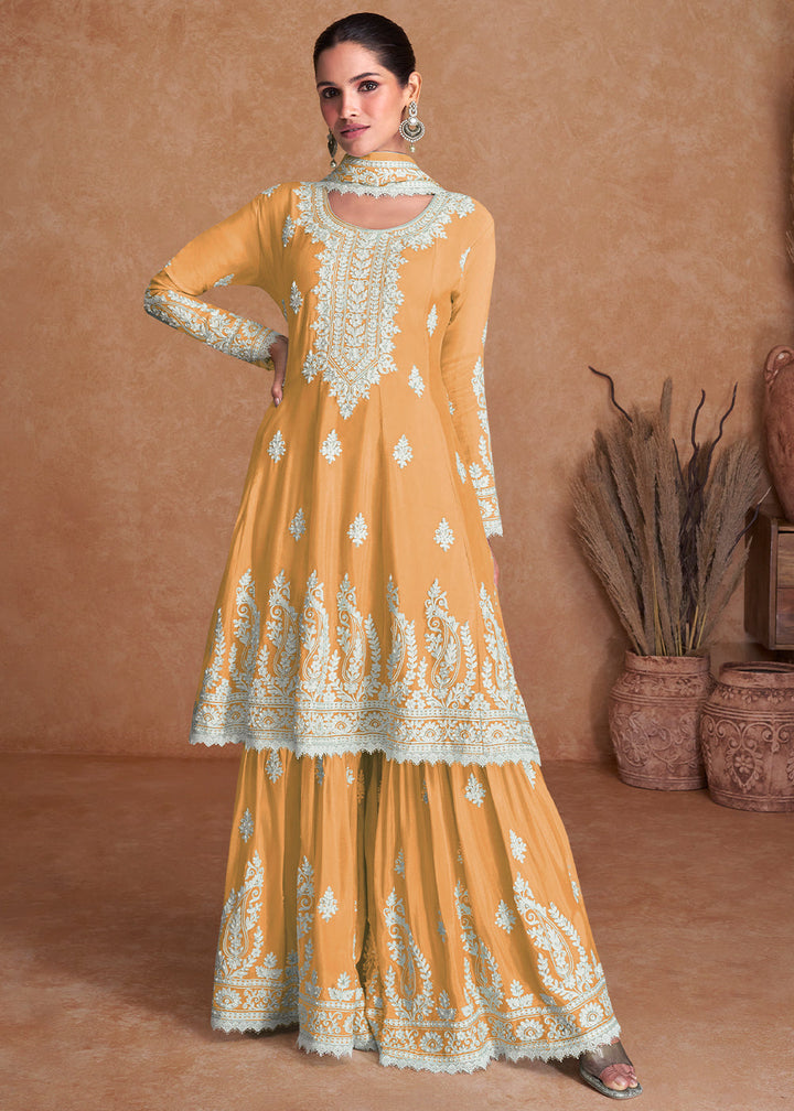 Red Sand Orange Silk Plazzo Suit with Embroidery work