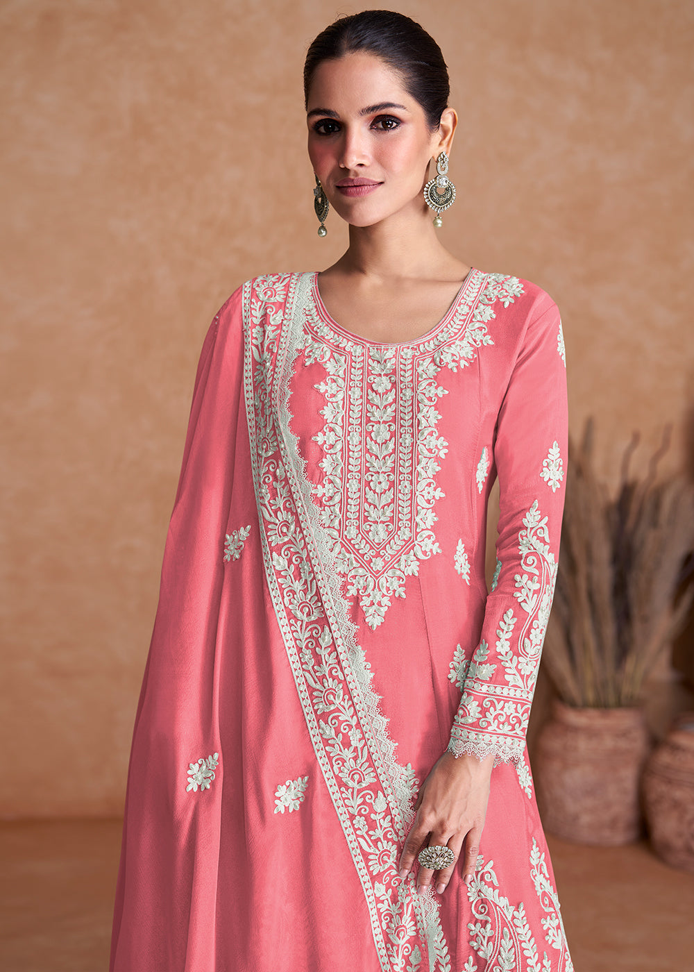 Carmine Pink Silk Plazzo Suit with Embroidery work