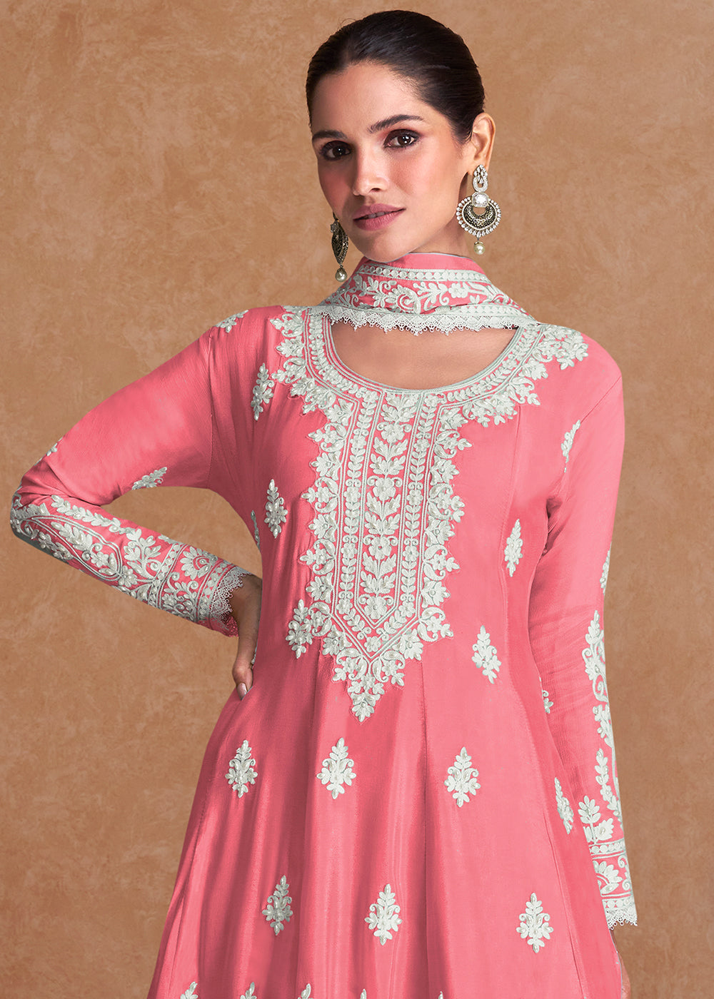 Carmine Pink Silk Plazzo Suit with Embroidery work