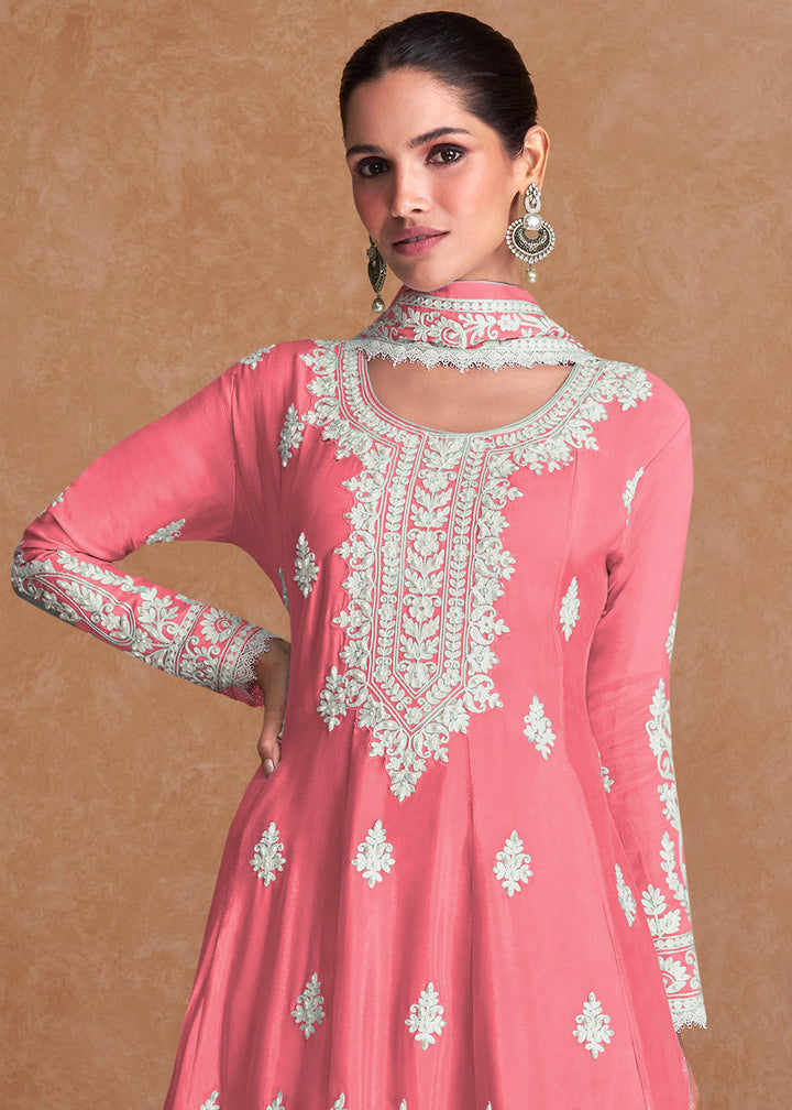 Carmine Pink Silk Plazzo Suit with Embroidery work