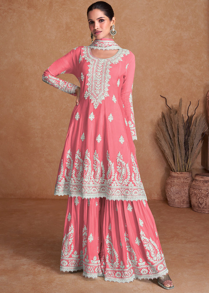 Carmine Pink Silk Plazzo Suit with Embroidery work