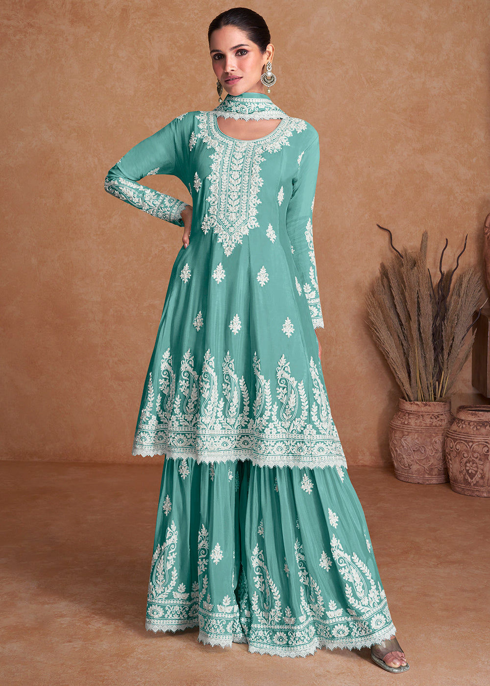 Arctic Blue Silk Plazzo Suit with Embroidery work