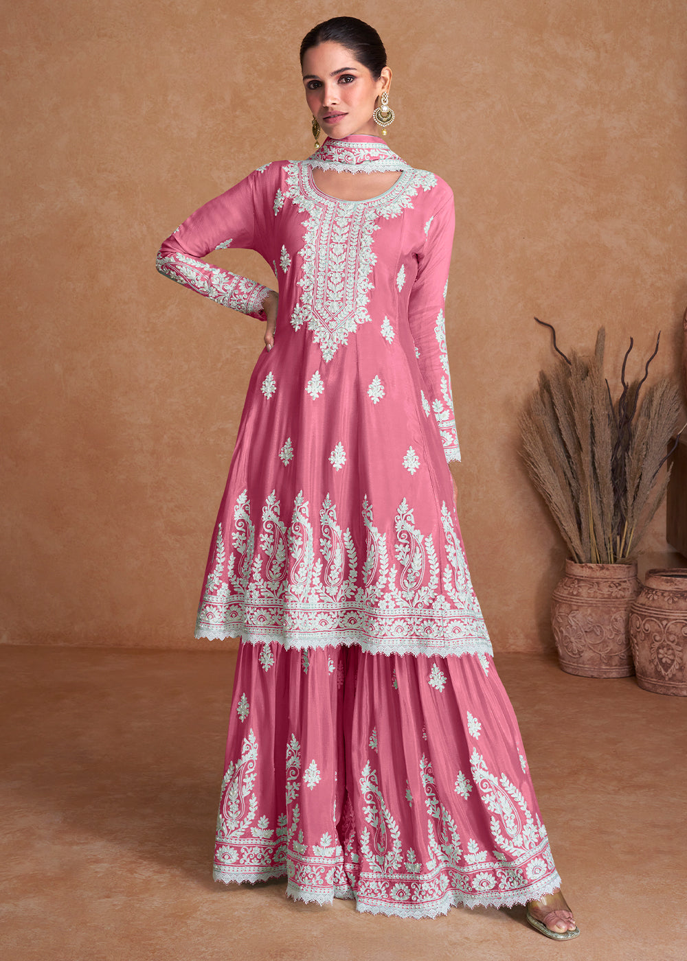 Light Deep Pink Silk Plazzo Suit with Embroidery work