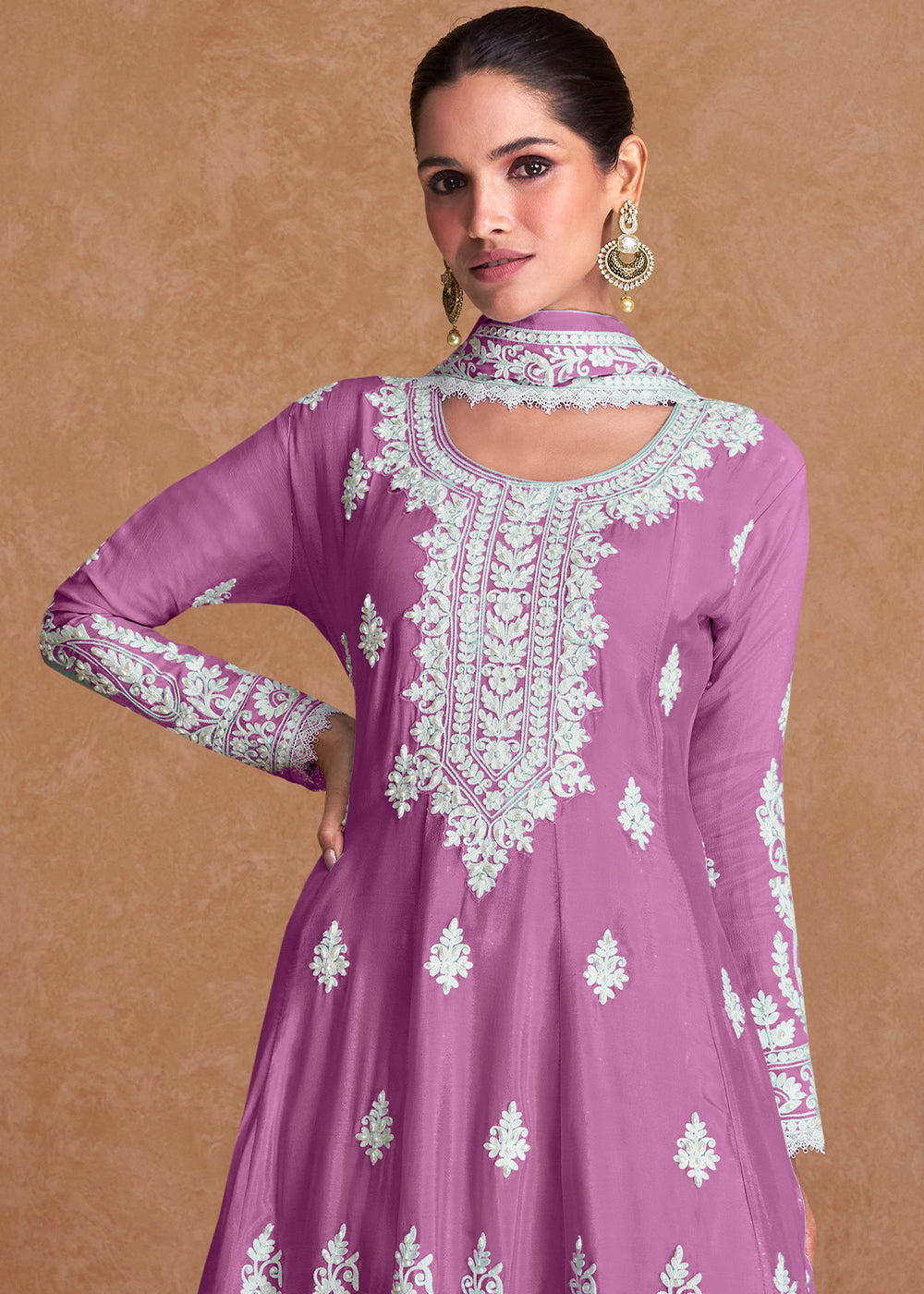 Twitch Purple Silk Plazzo Suit with Embroidery work