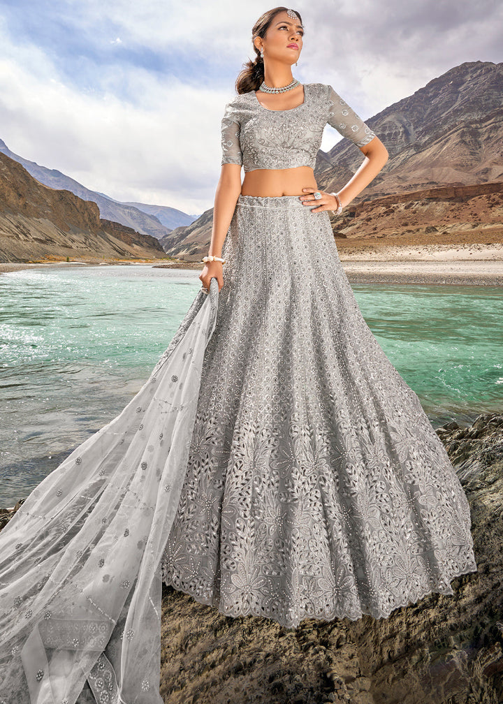 Misty Grey Organza lehenga Choli with Mirror,Zarkan & Cutwork