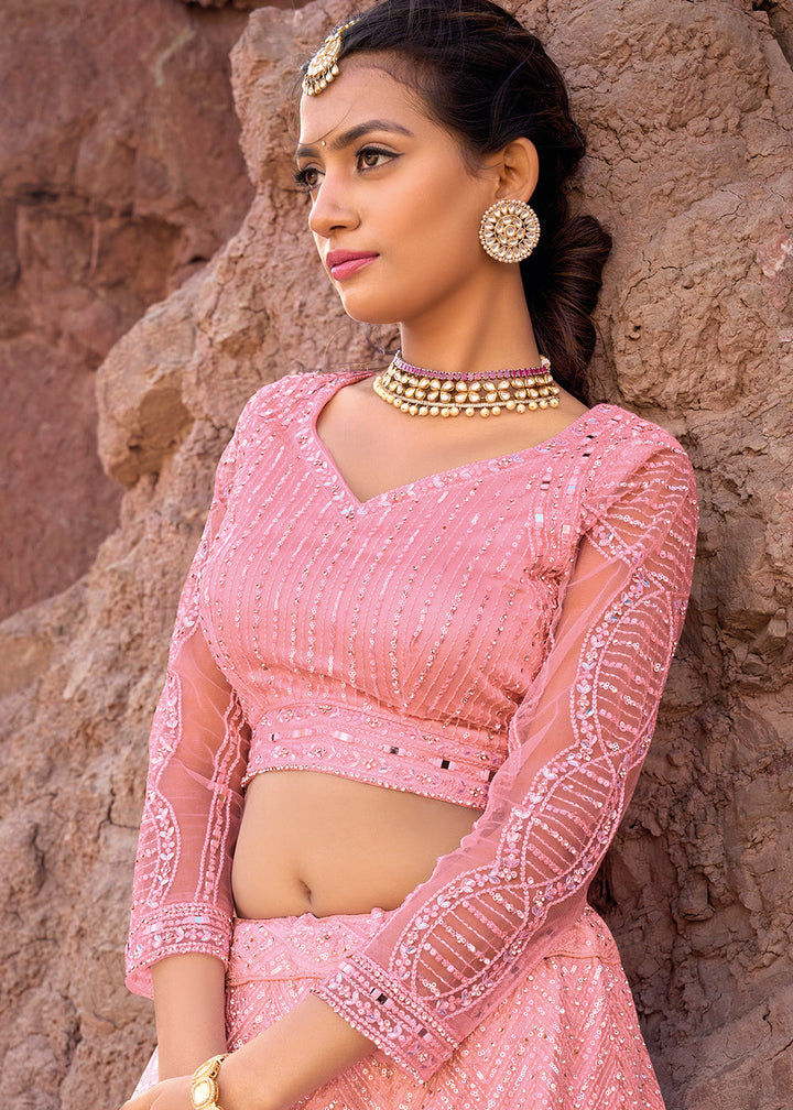 Creamy Pink Net lehenga Choli with Mirror,Zarkan & Cutwork