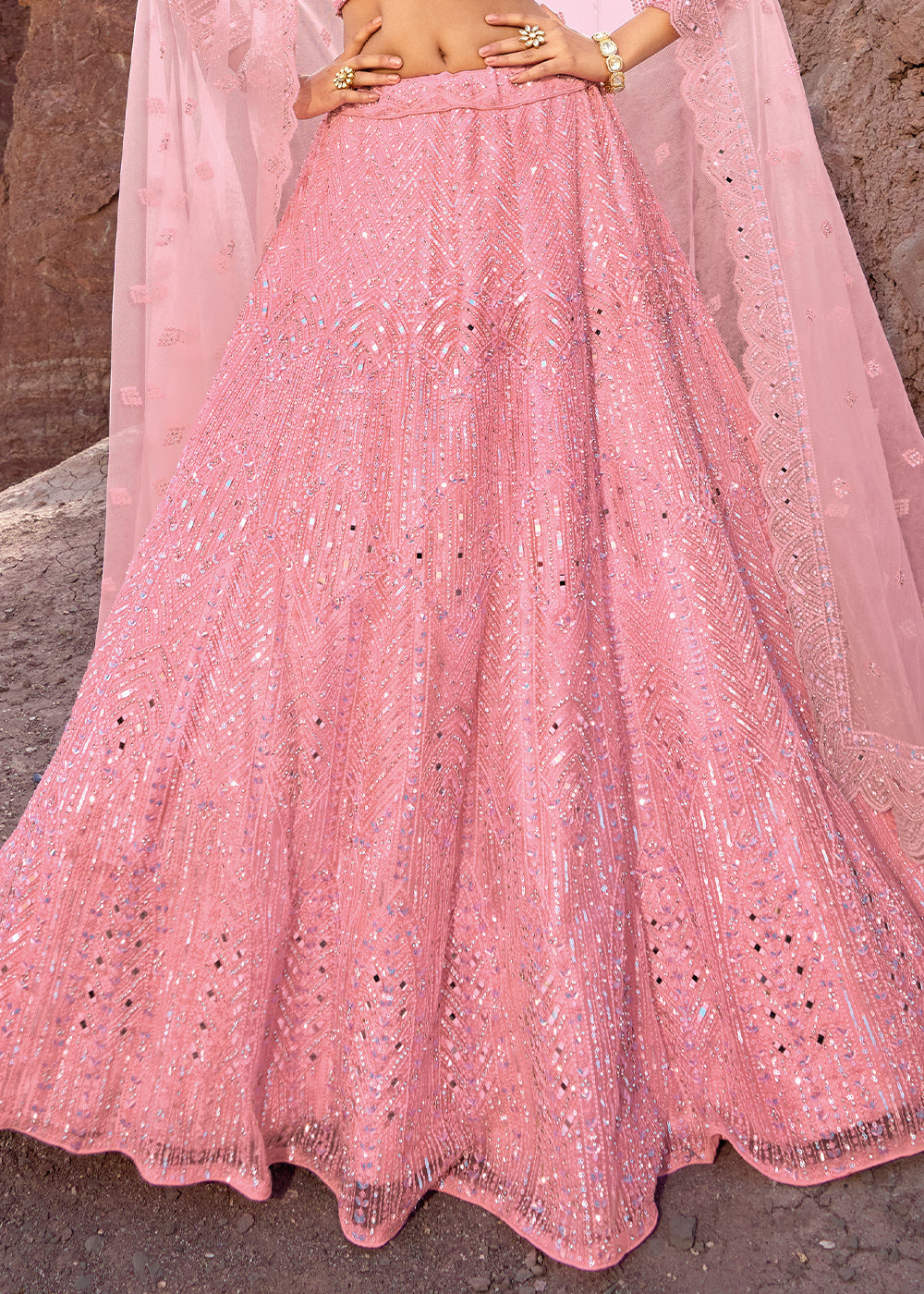 Creamy Pink Net lehenga Choli with Mirror,Zarkan & Cutwork