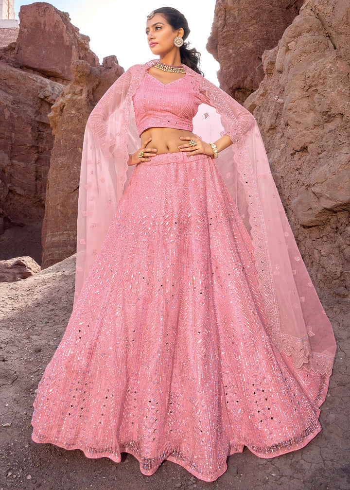 Creamy Pink Net lehenga Choli with Mirror,Zarkan & Cutwork