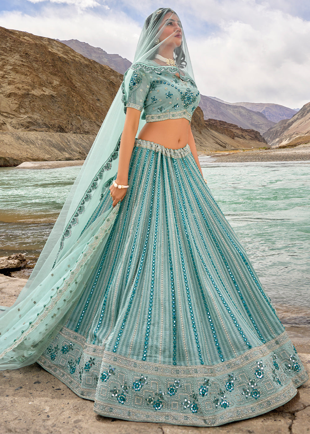 Shades Of Blue lehenga Choli with Mirror,Zarkan & Cutwork