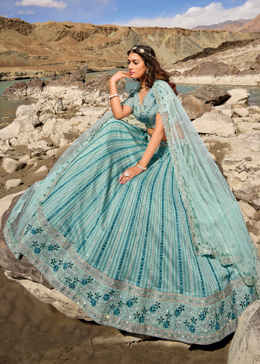 Shades Of Blue lehenga Choli with Mirror,Zarkan & Cutwork