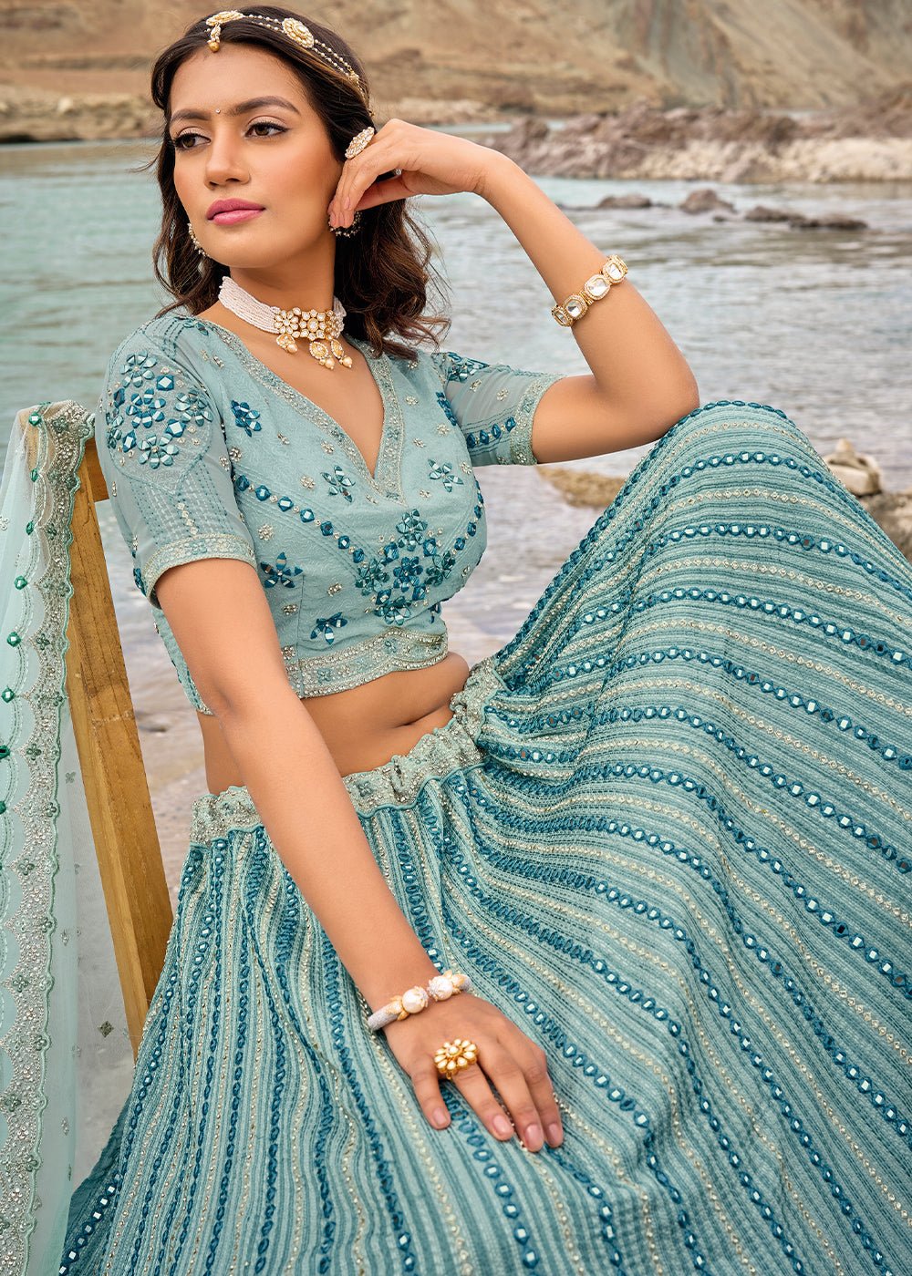 Shades Of Blue lehenga Choli with Mirror,Zarkan & Cutwork