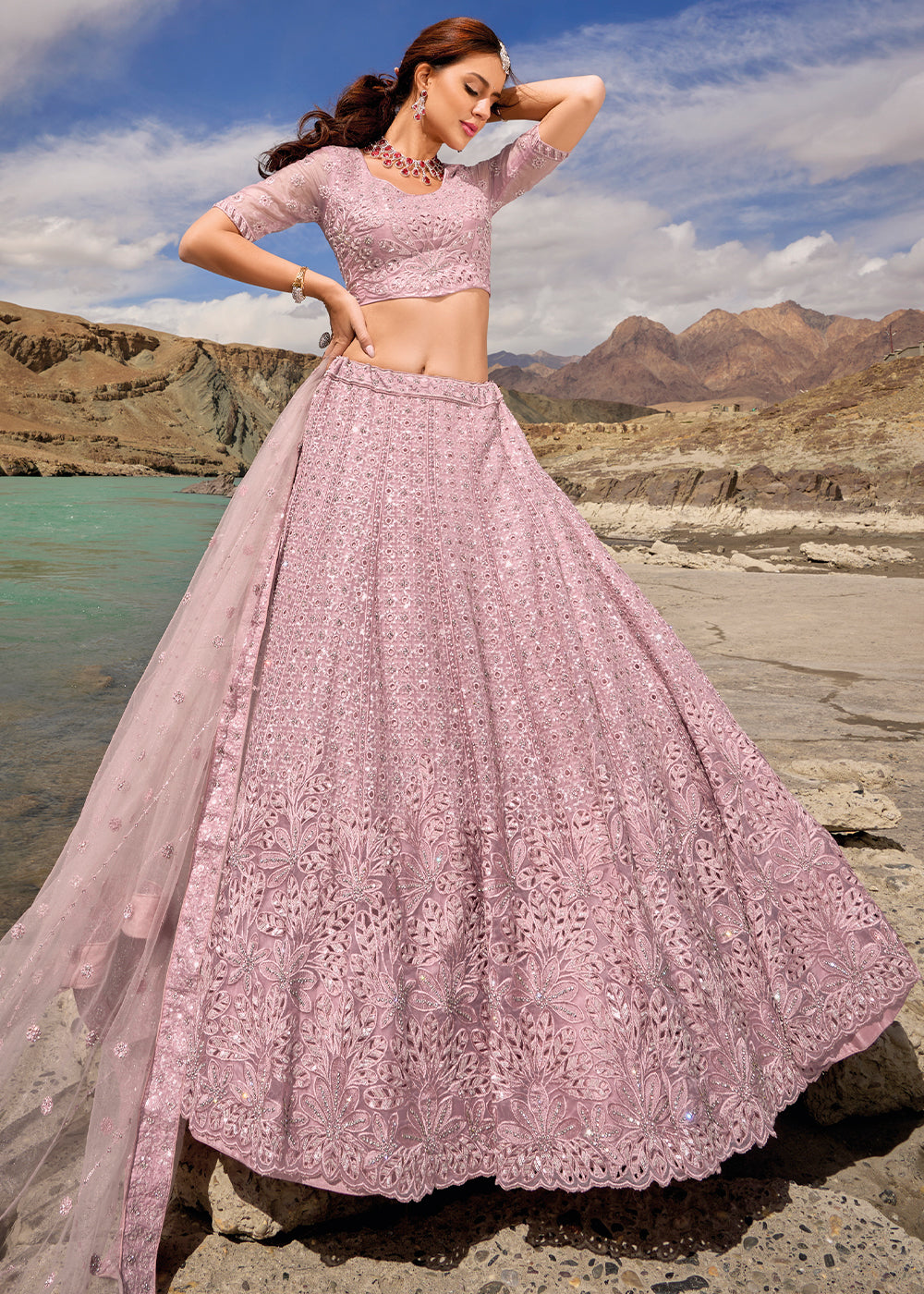 Lavender Purple Organza lehenga Choli with Mirror, Zarkan & Cutwork