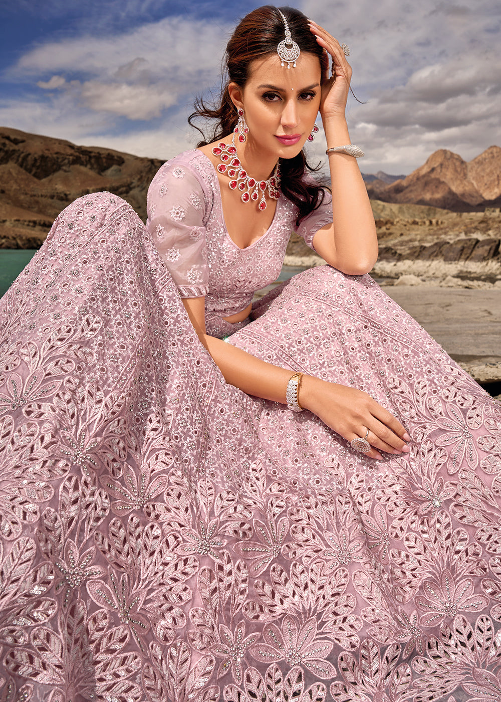 Lavender Purple Organza lehenga Choli with Mirror, Zarkan & Cutwork